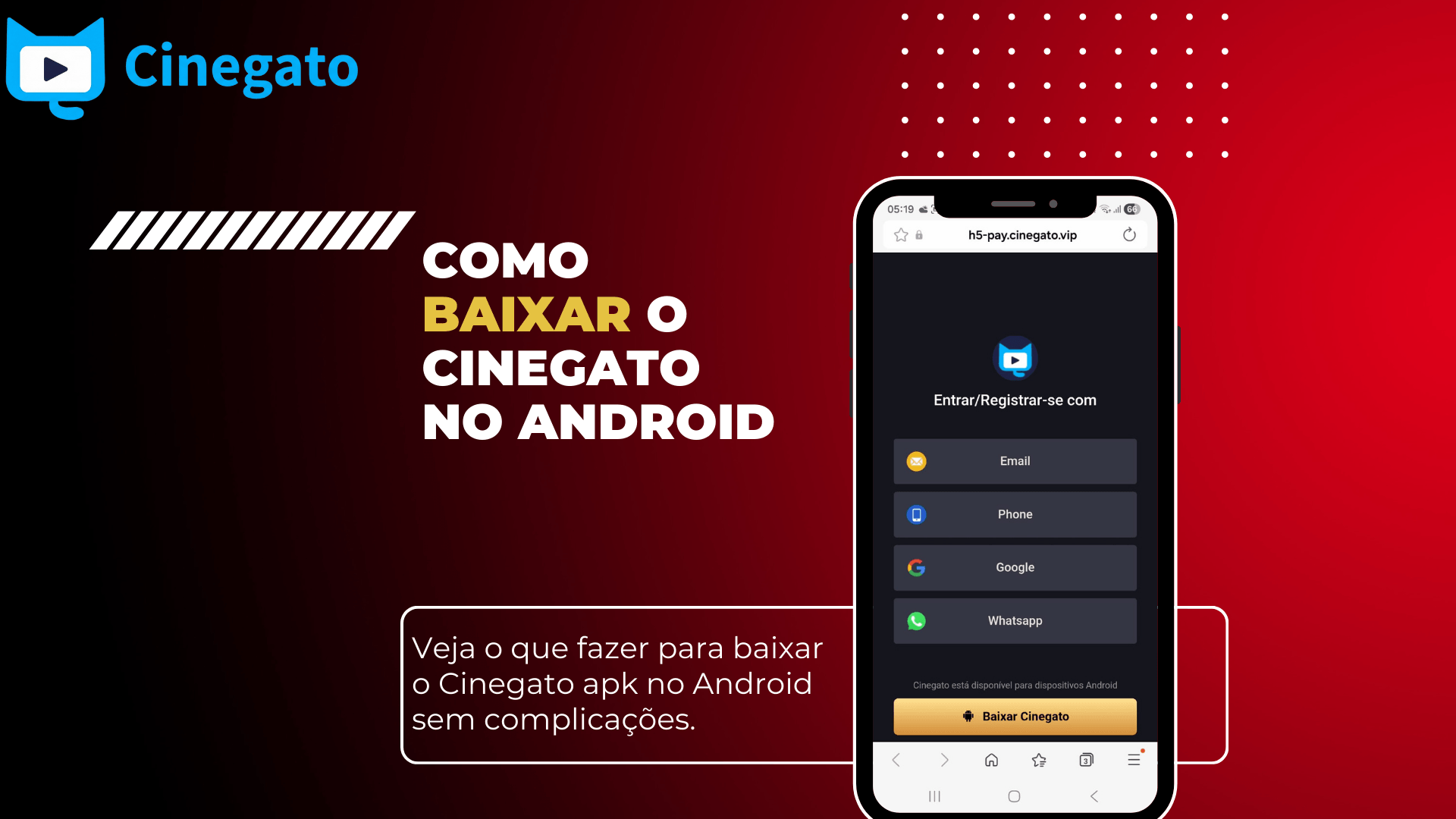  Tela do site para baixar Cinegato no Android, com opções de login e botão “Baixar Cinegato”.